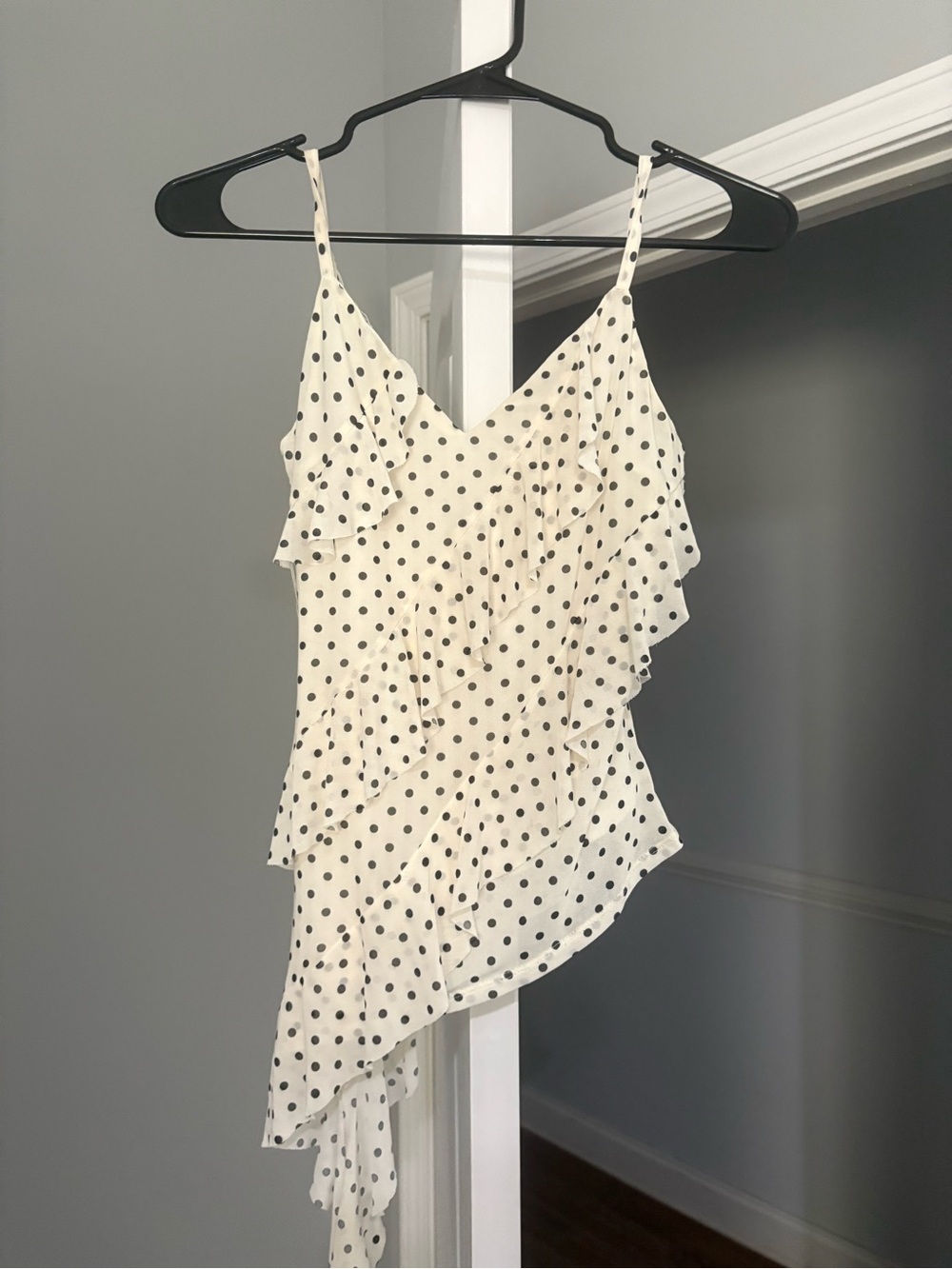 White Polka Dot Ruffle Asymmetrical Tank Top